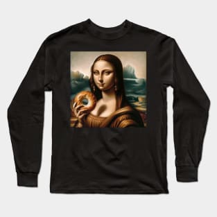 Mona Lisa's Bagel Break: Whimsical National Bagel Day Long Sleeve T-Shirt